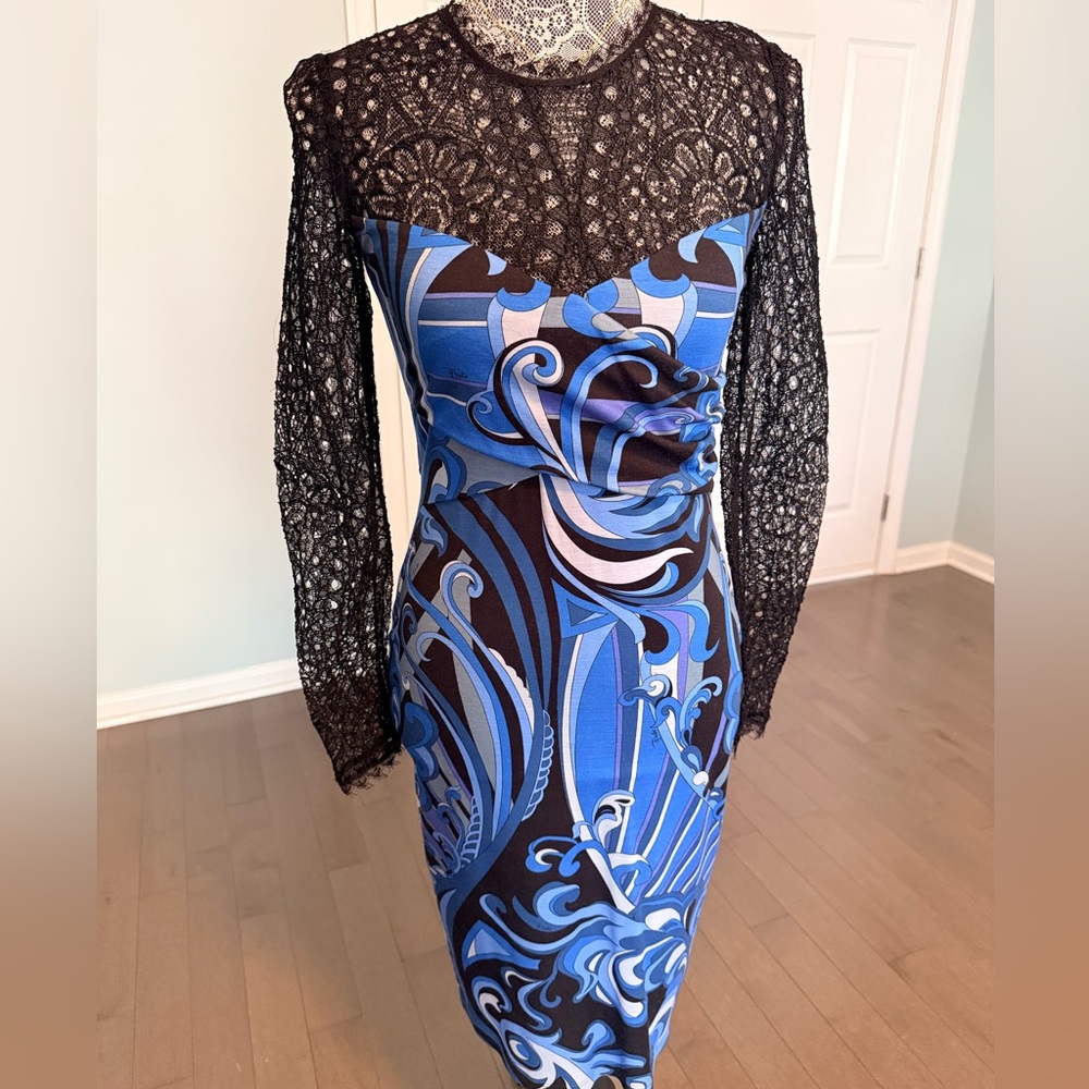Emilio Pucci Black and Blue Wool Blend Dress w/ Lace Sleeves